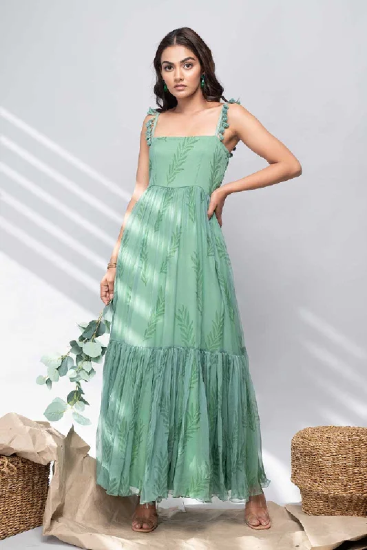 Women's Attire Hollywood Glam Award - Show Style DAHLIA - Green Printed Maxi Dress