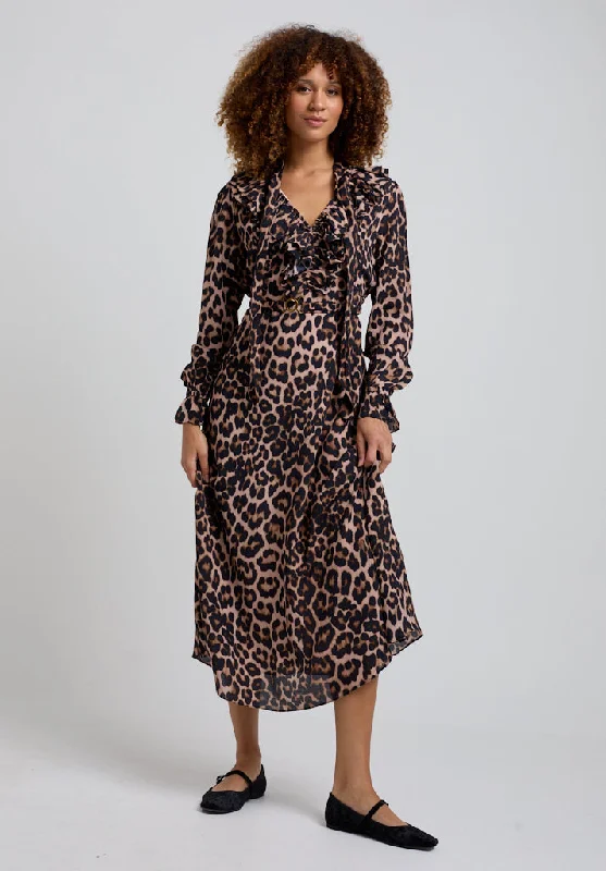 Women's Luxury Attire Embrace New Fashion Margot Ruffle Neck Big Cat Print Midi Dress In Brown