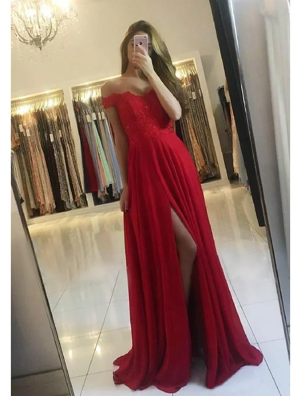 Women's Everyday Clothes Fashion Forward Femininity A-Line Prom Dresses Glittering Dress Formal Floor Length Sleeveless Off Shoulder Chiffon Backless with Pleats Slit