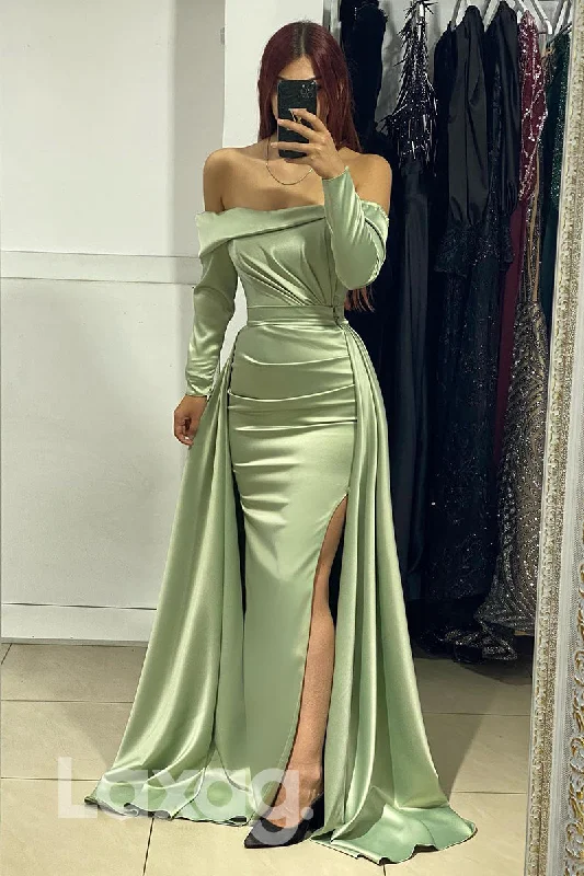 Women's Attire Style Redefined 14781 - Off Shoulder Long Sleeves Backless Evening Gown With Overskirt