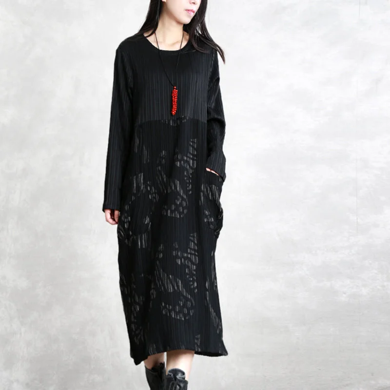 Women's Comfortable Garments Exclusive Sale fine black striped autumn cotton blended dress plus size clothing O neck patchwork cotton blended gown casual long sleeve pockets maxi dresses