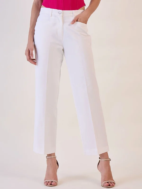 Stylish Women's Attire Tropical Island - Inspired Attire White Straight Fit Mid Waist Trouser