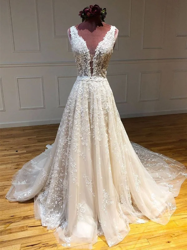 Affordable Fashion Clothing For Women Holiday Sale Deep V Neck and V Back Champagne Lace Long Wedding Dresses, Champagne Lace Prom Formal Evening Dresses