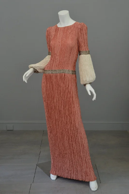 Women's Clothes For Work Artful Design Mary McFadden Coral Cream Fortuny Pleats Bell Sleeve Gown