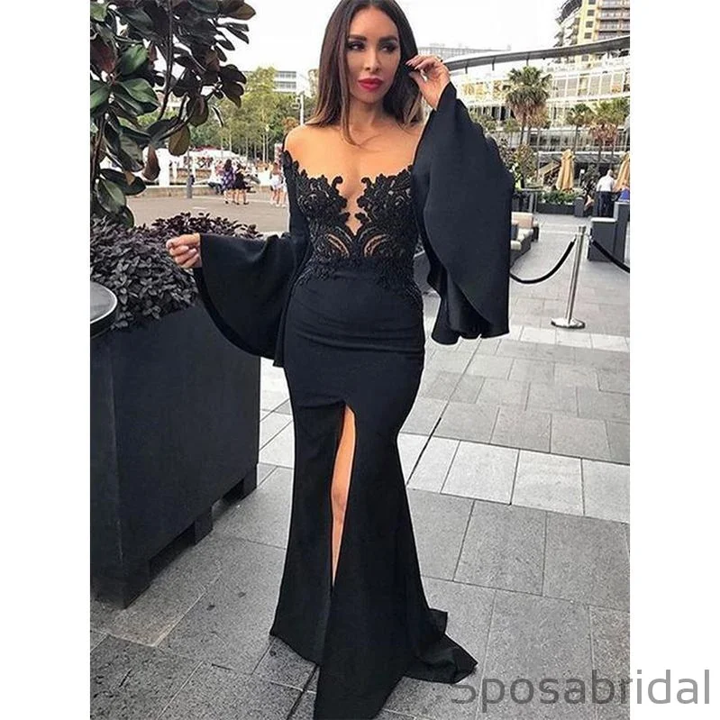 Women's Outfit For The Office Don'T Miss Out Sexy Mermaid Trumpet Sleeve Black Satin Long Prom Dresses with Lace Split PD2395