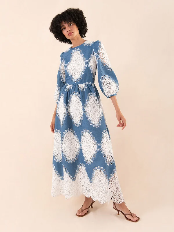 Women's Clothing And Garments Sets Chic Style, Always In Vogue Constance Broderie Anglaise Midi Dress - Lace/Denim - SALE