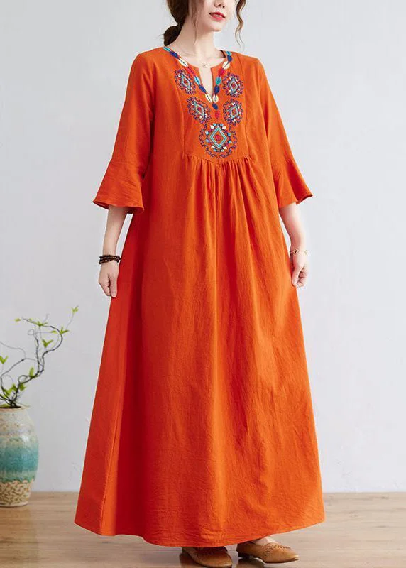 Women's Activewear Apparel Eclectic Style Wardrobe Women Orange Embroideried Wrinkled Cotton Maxi Dress Bracelet Sleeve