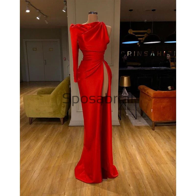 Women's Seasonal Attire The Latest Trends Red One Shoulder Side Slit Satin Simple Modest Prom Dresses PD2087