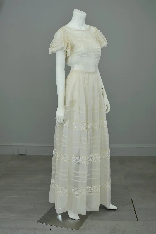 Casual Apparel For Women Everyday Wear 1970s Lovely Sheer Cream Tiered Panel Gown with Flutter Sleeves | 70s Peasant Gown