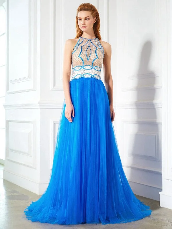 Affordable Women's Attire High-End Fashion A-Line/Princess Jewel Beading Sleeveless Floor-Length Net Dresses