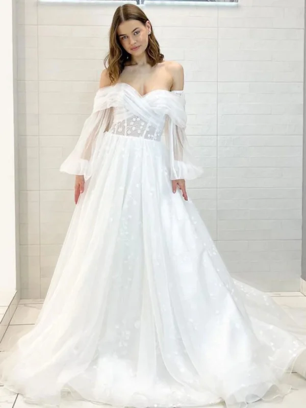 Women's Vintage Attire Shop Sale Items Off Shoulder Long Sleeves White Tulle Prom Dresses, Floral White Wedding Dresses, White Formal Evening Dresses SP2492