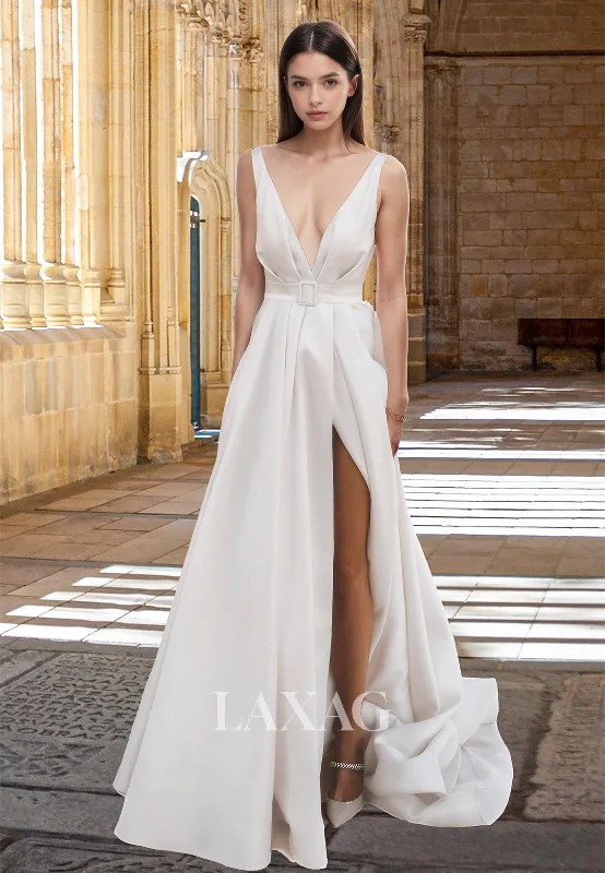 Women's Elegant Garments Fashion-Forward Simple Deep V-Neck Off-Shoulder Sleeveless Pleated Satin A-Line Wedding Dress with High Slit