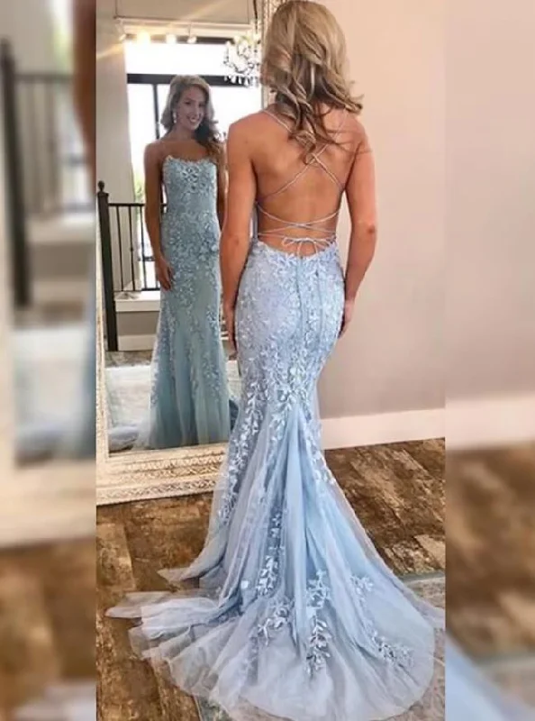 Women's Trendy Casual Outfit Trendy Street Style Mermaid / Trumpet Prom Dresses Open Back Dress Prom Court Train Sleeveless Halter Tulle Backless with Appliques