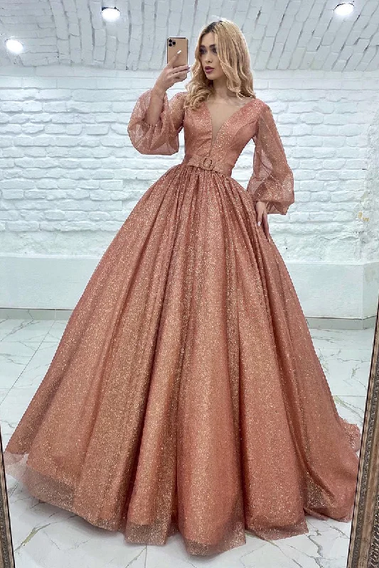 Women's High-Fashion Outfit Your Timeless Wardrobe Awaits 14728 - Blush Pink Long Sleeves Illusion V Neck A-Line Sequined Prom Gown