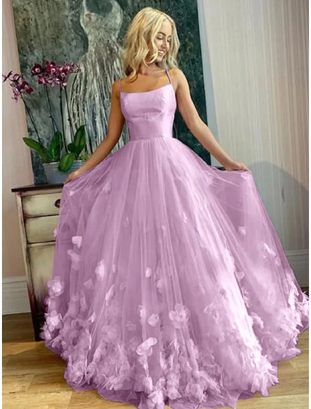 Women's High-End Clothing Budget-Friendly Fashion A-Line Prom Dresses Elegant Dress Engagement Floor Length Sleeveless Spaghetti Strap Tulle with Pleats Appliques