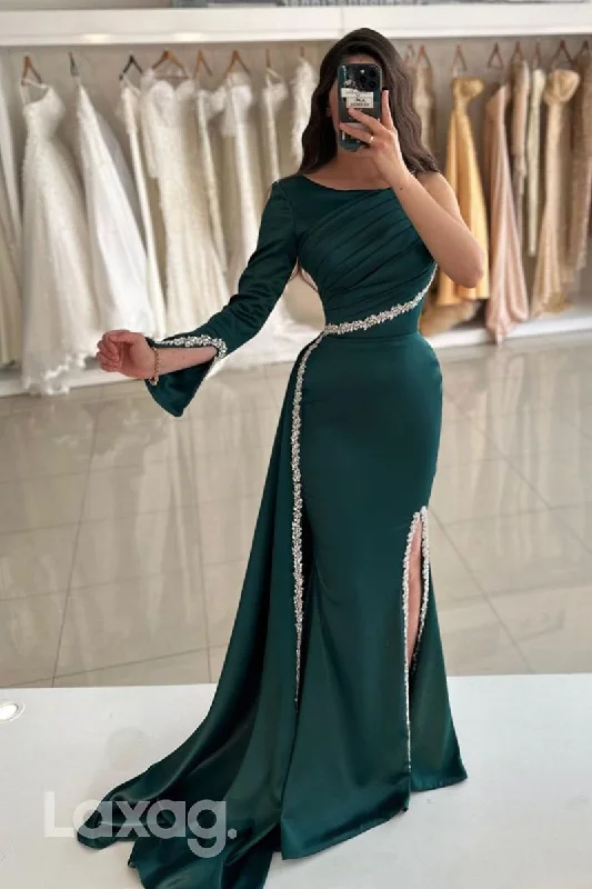 Women's Tailored Outfit Effortless Chic Apparel 14709 - Chic Bateau Ruched Side Slit Long Sleeves Formal Evening Gowns