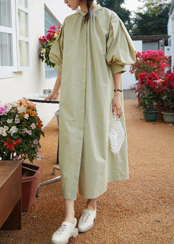 Women's Holiday Apparel Trendsetting Threads Unique Light Green Stand Collar Solid Cotton Maxi Dress Fall