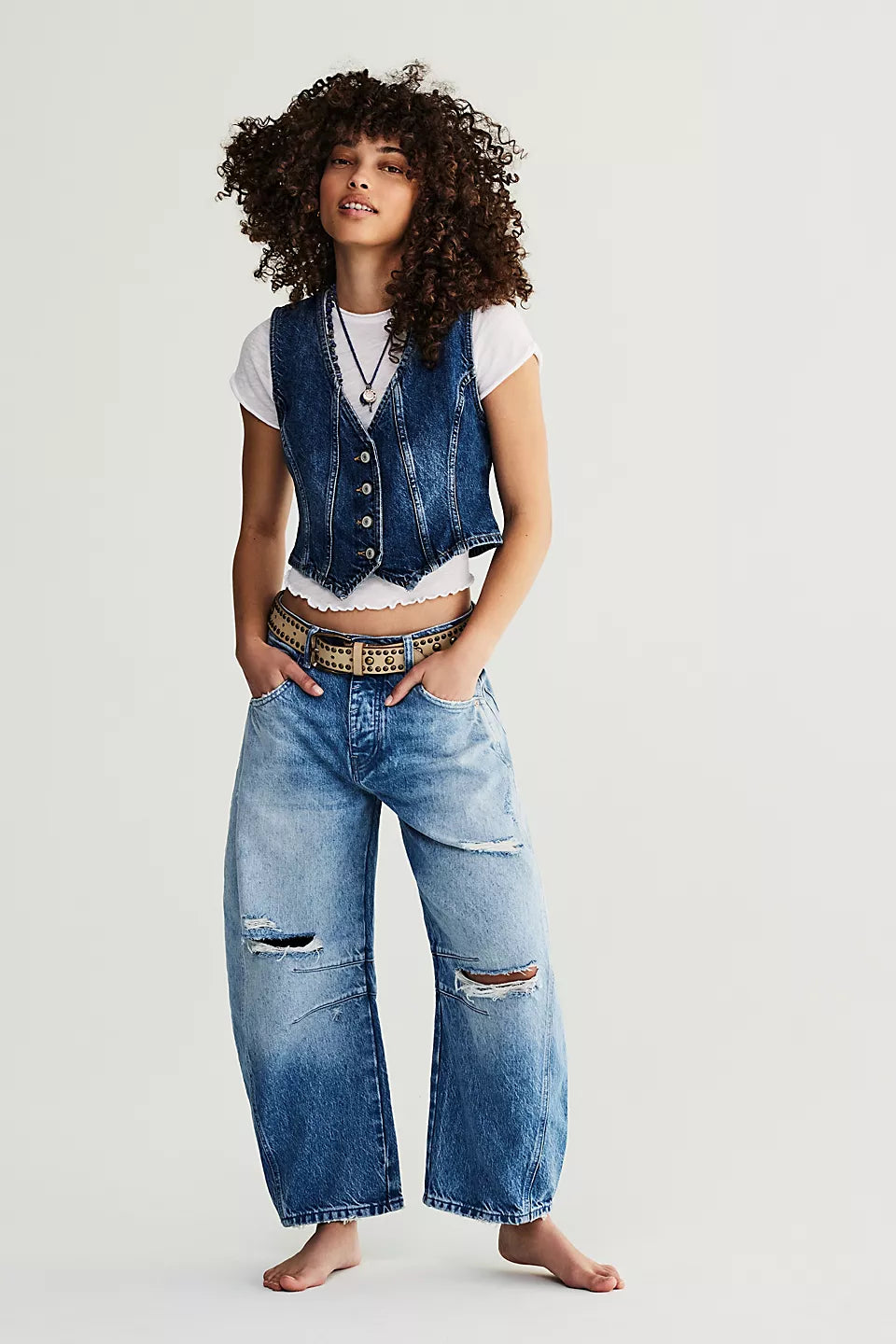 Women's Clothing Sets Eclectic Style Wardrobe Free People We The Free Good Luck Mid-Rise Barrel Jeans - BARNYARD BLUE