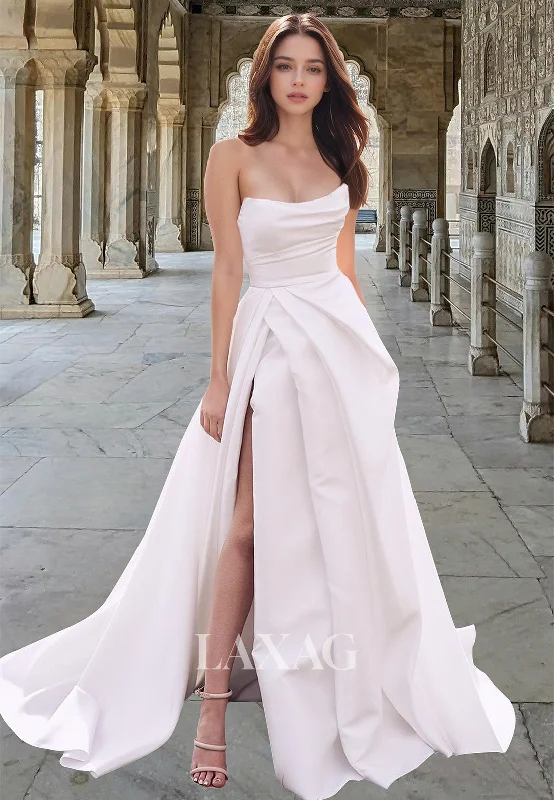 Women's Professional Garments Special Offer Scoop-Neck Sleeveless Off-Shoulder Bride Gowns Pleated High Slit Satin A-Line Wedding Dress