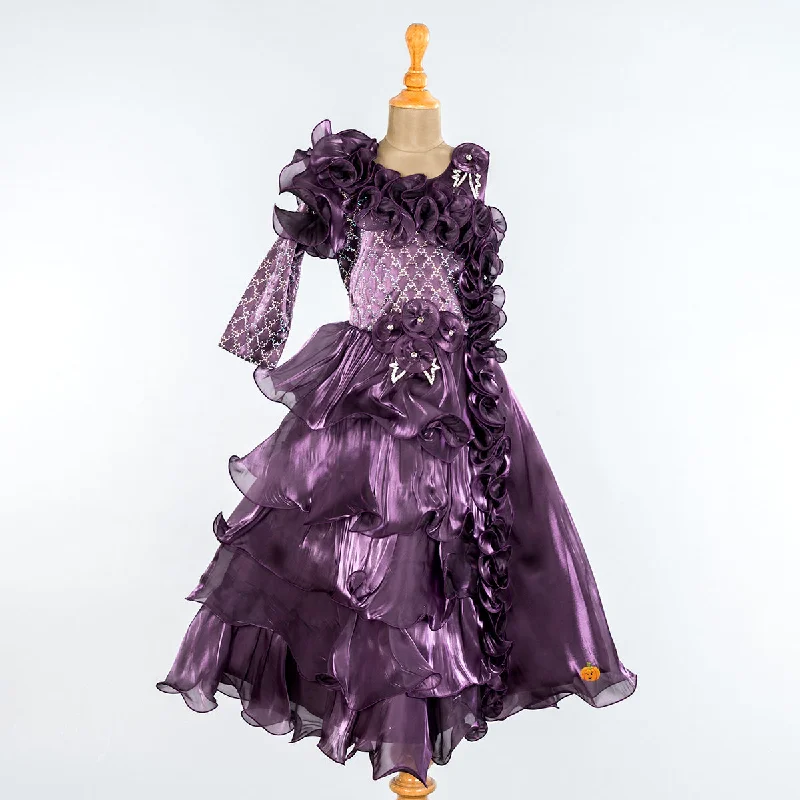 Fashionable Women's Clothes Vibrant Prints Purple Layered Frill Girlish Gown