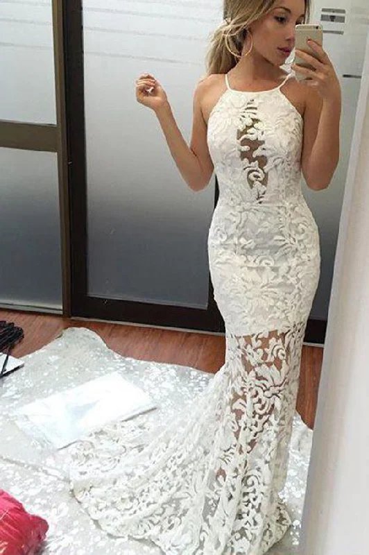 Women's Functional Outdoor Garments Fashion-Forward Outfits Charming Mermaid Lace Wedding Dresses Brush Train Sexy Ivory Bridal Dresses Lace Prom Gown N895