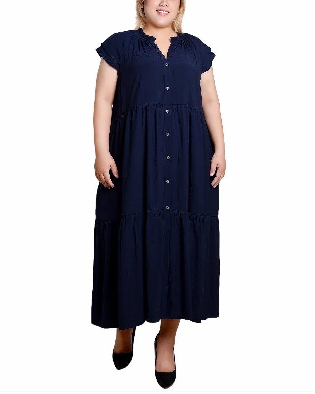 Women's Casual Wear Clothes Seasonal Trends Plus Size Short Sleeve Slubbed Midi Dress