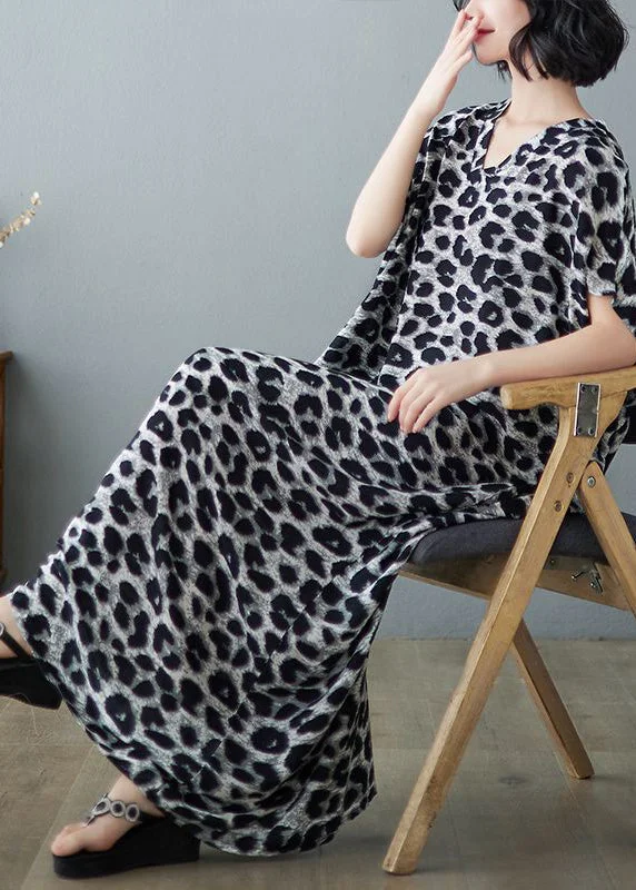 Affordable Women's Apparel Style Breakthroughs Italian Grey Leopard Print Oversized Linen Maxi Dress Summer