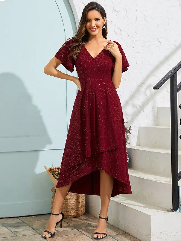 Casual Chic Clothing For Women Inspired By You, Designed For You Exquisite V Neck Ruffles Sleeve High Stretch Satin Sequin Dresses with Asymmetrical Hem