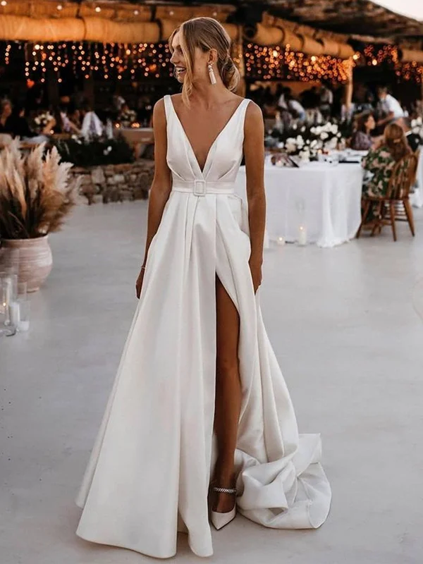 Women's Elegant Apparel Special Offer For You V Neck and V Back White Satin Long Prom Dresses with High Slit, Open Back White Wedding Dresses, White Formal Evening Dresses