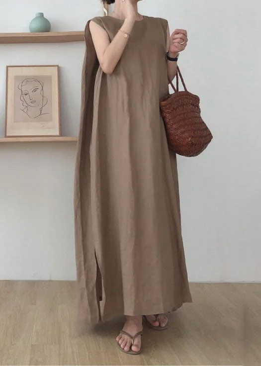 Women's Clothing Apparel Stylish Statements Simple Coffee O Neck Patchwork Cotton Maxi Dress Sleeveless