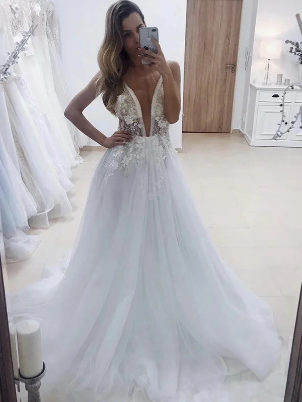 Women's Contemporary Clothing Spring Fling Sale Deep V Neck Backless White Lace Appliques Long Prom Dresses, White lace Wedding Dresses, White Formal Evening Dresses