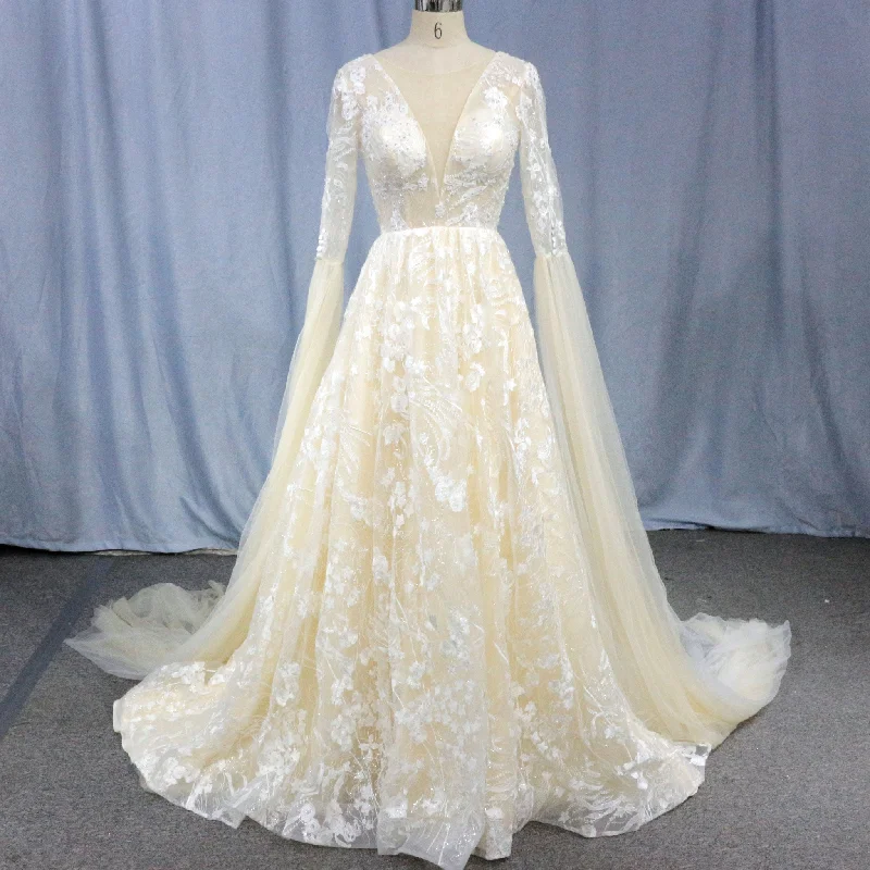 Women's Floral Print Outfit Fashion Forward Unique Cape Sleeve A-line Lace Wedding Dress for Bride