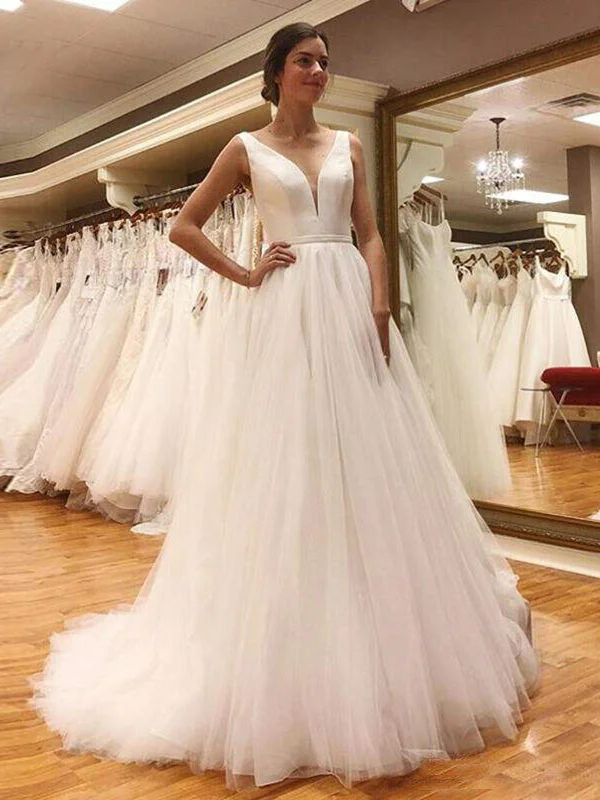 Women's Apparel And Garments Seasonal Picks Simple V Neck Open Back White Tulle Long Prom Dresses, V Neck White Wedding Dresses, White Formal Evening Dresses SP2255