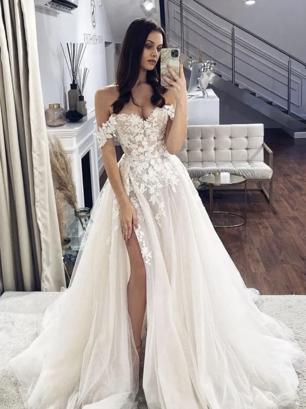 Women's Garments Holiday Attire Sale Off Shoulder White Lace Long Prom Wedding Dresses, White Lace Formal Graduation Evening Dresses SP2516