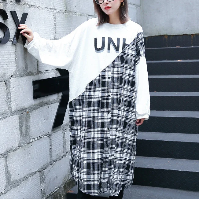 Charming Women's Garments Fashion Forward stylish white Plaid patchwork cotton blended caftans oversize O neck traveling dress fine side open baggy gown