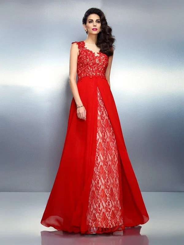 Timeless Women's Clothes Style Breakthroughs A-Line/Princess Bateau Applique Sleeveless Long Net Dresses