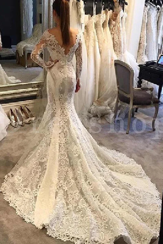 Women's Stylish Professional Garments Hot Styles Trumpet V-neck Long Sleeves Court Train Lace Wedding Dresses Mermaid Lace Bridal Dresses N846