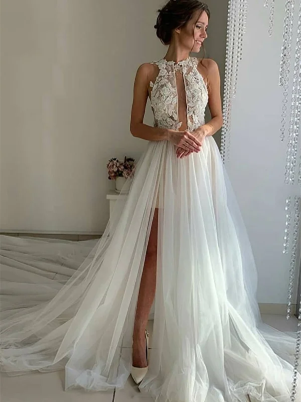 Women's Holiday Apparel Sale Event, Prices Rock Unique High Neck Lace White Tulle Long Prom Wedding Dresses with High Split, White Lace Formal Evening Dresses