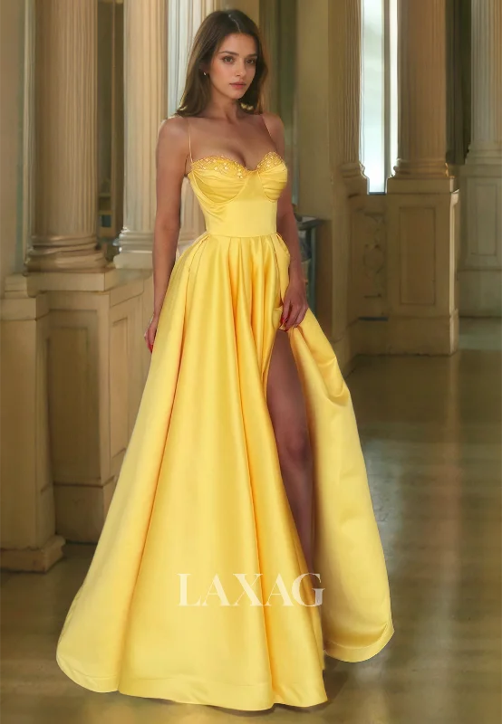 Women's Romantic Outfit Chic & Cozy Collection 14729 - Yellow Spaghetti Straps Pleated Skirt Slit Prom Gown