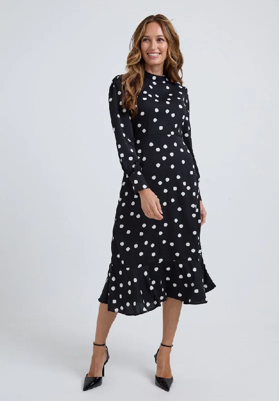 Women's Timeless Attire Chic And Edgy Sophie Tiered Hem Polka Dot Print Midi Dress In Black