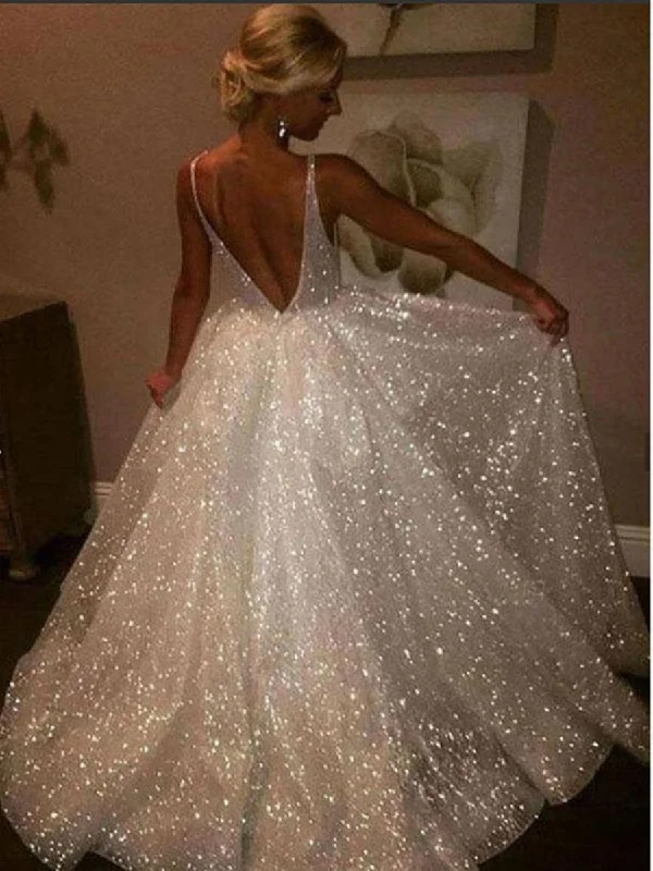 Women's Plus-Size Garments Gift Ideas Sparkly A Line V Neck Backless Ivory Long Prom Dresses Wedding Dresses, Backless Ivory Formal Dresses, Evening Dresses