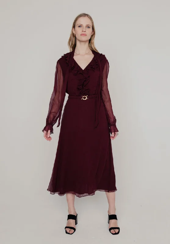 Women's Comfortable Lounge Attire Everyday Basics Margot Ruffle Neck Midi Dress In Burgundy