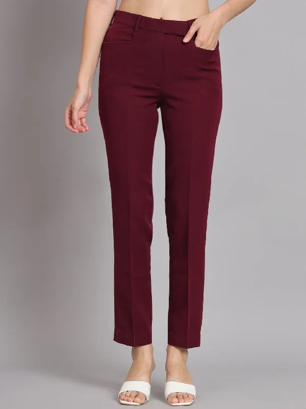 Formal Attire For Women Parisian Effortless Chic Style Regular Fit Mid Waist Trouser - Maroon