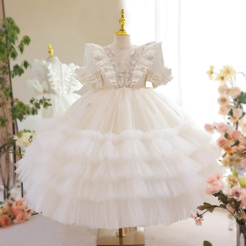 Alluring Design Flower Girl Dress Toddler White Court Sequin Puffy Princess Christening Dress Alluring Design Flower Girl Dress Toddler White Court Sequin Puffy Princess Christening Dress