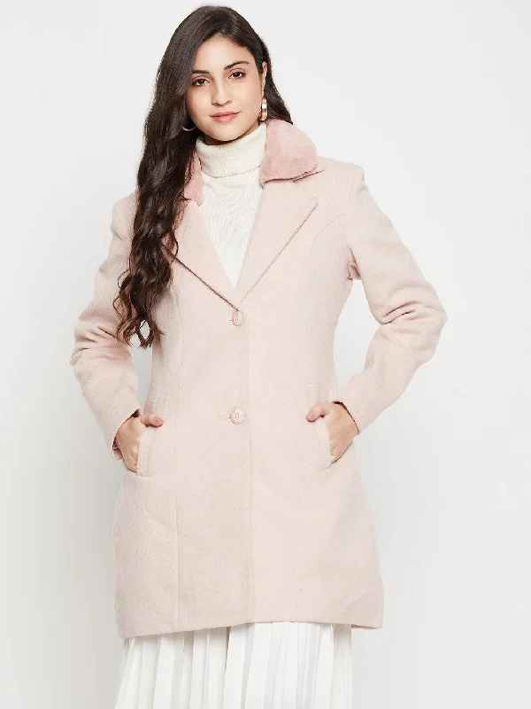 Women's Functional Outdoor Garments Shop Our Looks Women's Casual  Pink Single breasted  Notched Lapel Collar with Faux Fur insert Long Coat