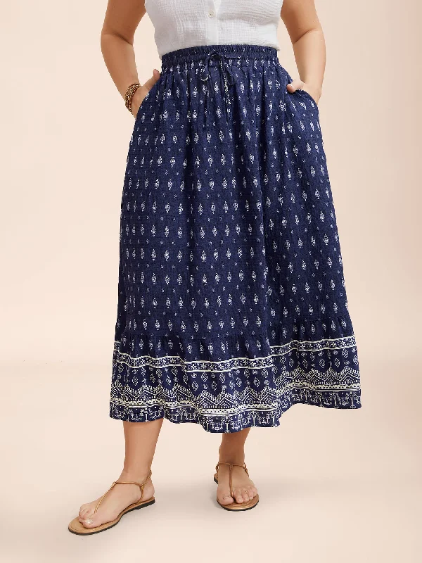 Women's Formal Clothes Luxury Style Boho Print Pleated Drawstring Midi Skirt