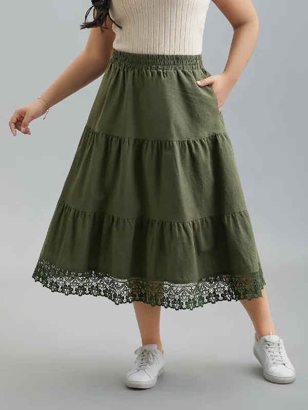 Women's Resort Apparel Feminine Elegant Stretchy Waist Lace Tiered Midi Skirt