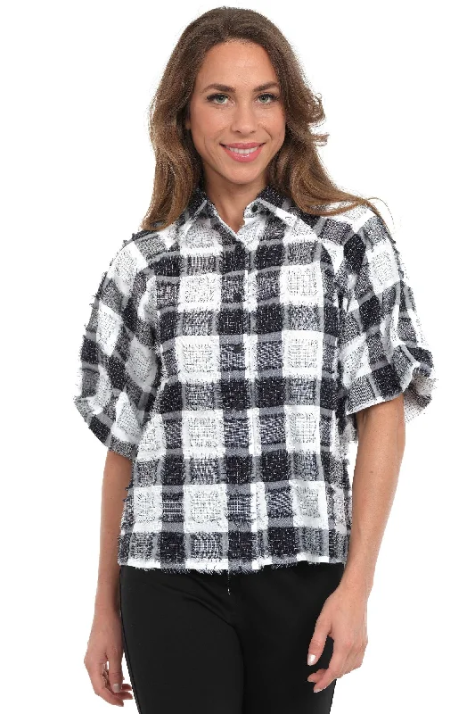 Women's High-Fashion Clothes Seasonal Trends Women's Black Plaid Top Short Puff Sleeves With Fringe Details - "Halo"