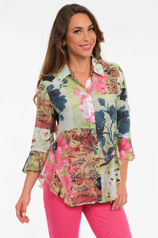 Women's Vintage Clothes Fashion-Forward Outfits LIOR Women's Pink Floral Blouse Flowy Sleeves With Side Flounce - "Happy"