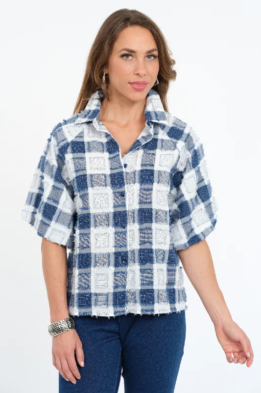 Women's Clothes For Special Occasions Day-To-Night Styles Women's Plaid Top Short Puff Sleeves With Fringe Details - "Halo"